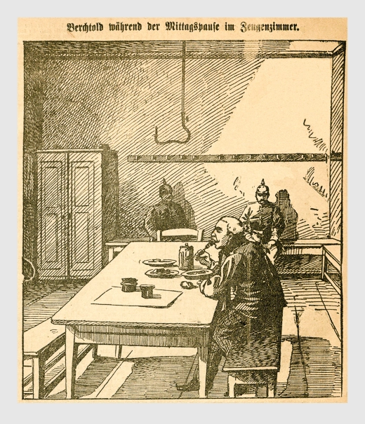 Berchtold während der Mittagspause im Zeugenzimmer. Abbildung aus: Heinrich Storch: »Wer war der Mörder?« / »Illustrirtes Münchener Extrablatt«. München, 1896.