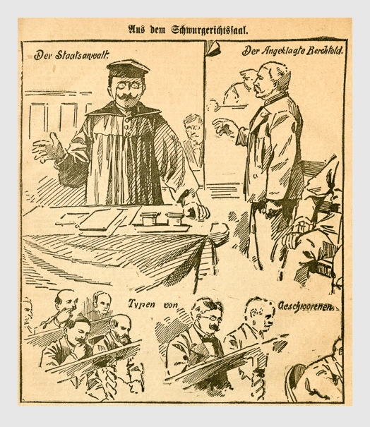 Aus dem Schwurgerichtssaal. Abbildung aus: Heinrich Storch: »Wer war der Mörder?« / »Illustrirtes Münchener Extrablatt«. München, 1896.