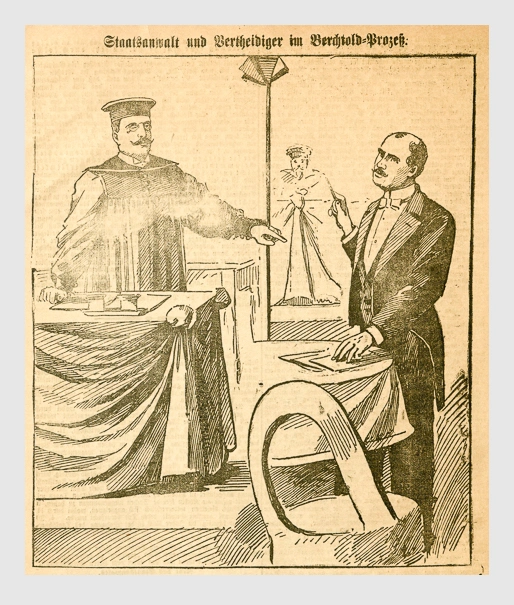 Staatsanwalt und Vertheidiger im Berchtold-Prozeß. Abbildung aus: Heinrich Storch: »Wer war der Mörder?« / »Illustrirtes Münchener Extrablatt«. München, 1896.