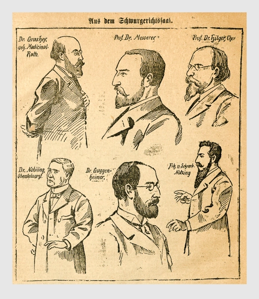 Aus dem Schwurgerichtssaal. Abbildung aus: Heinrich Storch: »Wer war der Mörder?« / »Illustrirtes Münchener Extrablatt«. München, 1896.