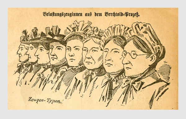 Belastungszeuginnen aus dem Berchtold-Prozeß.. Abbildung aus: Heinrich Storch: »Wer war der Mörder?« / »Illustrirtes Münchener Extrablatt«. München, 1896.