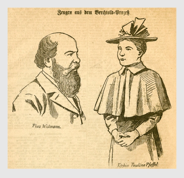Zeugen aus dem Berchtold-Prozeß. Abbildung aus: Heinrich Storch: »Wer war der Mörder?« / »Illustrirtes Münchener Extrablatt«. München, 1896.