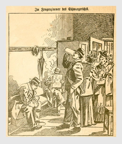 Im Zeugenzimmer des Schwurgerichts. Abbildung aus: Heinrich Storch: »Wer war der Mörder?« / »Illustrirtes Münchener Extrablatt«. München, 1896.