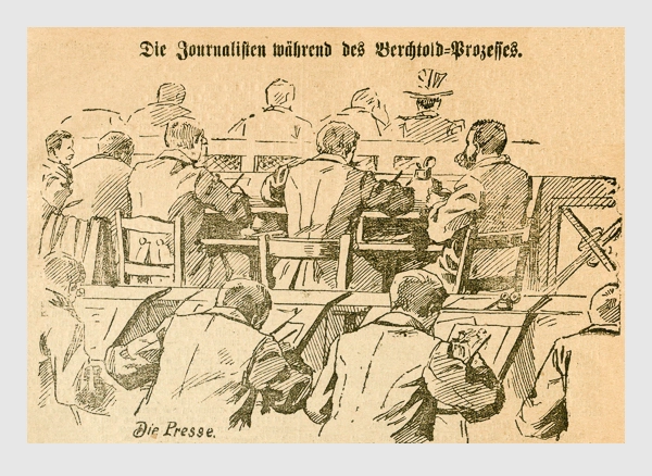 Die Journalisten während des Berchtold-Prozesses. Abbildung aus: Heinrich Storch: »Wer war der Mörder?« / »Illustrirtes Münchener Extrablatt«. München, 1896.