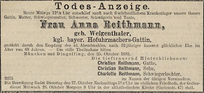 Todesanzeige für Anna Reithmann