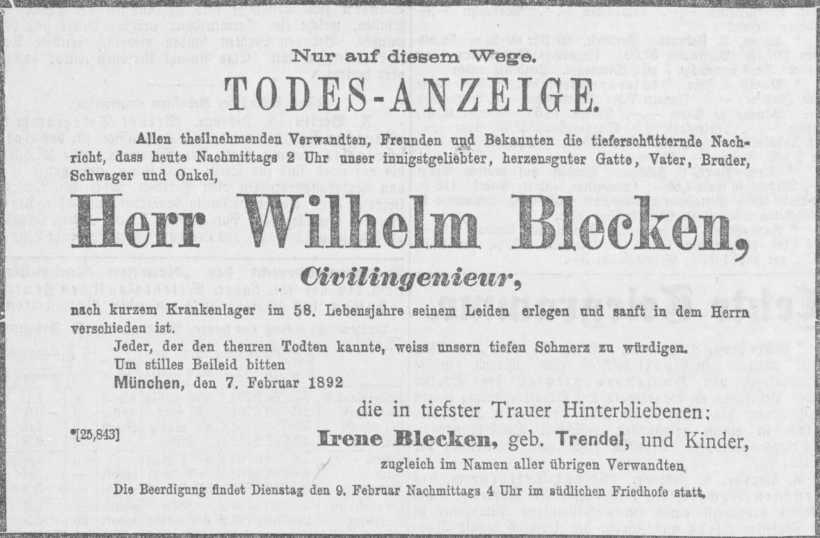 Todesanzeige für Wilhelm Blecken
