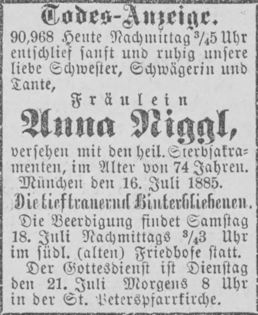 Todesanzeige für Anna Niggl