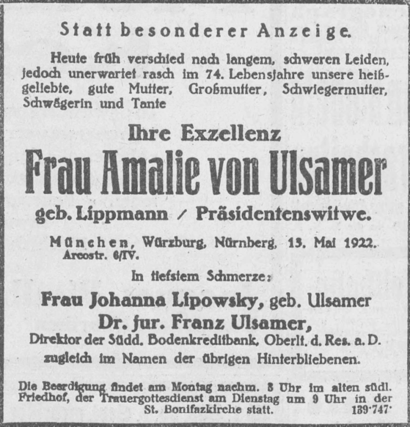 Todesanzeige für Amalie von Ulsamer