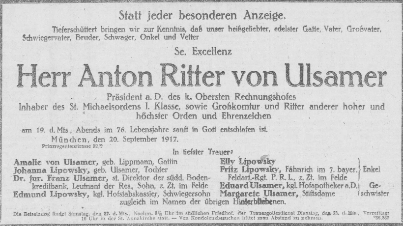 Todesanzeige für Anton Ritter von Ulsamer