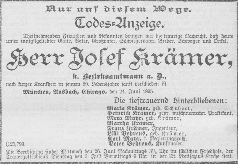 Todesanzeige für Josef Krämer