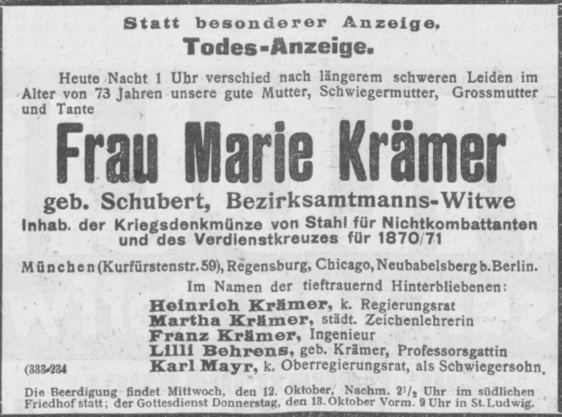 Todesanzeige für Marie Krämer
