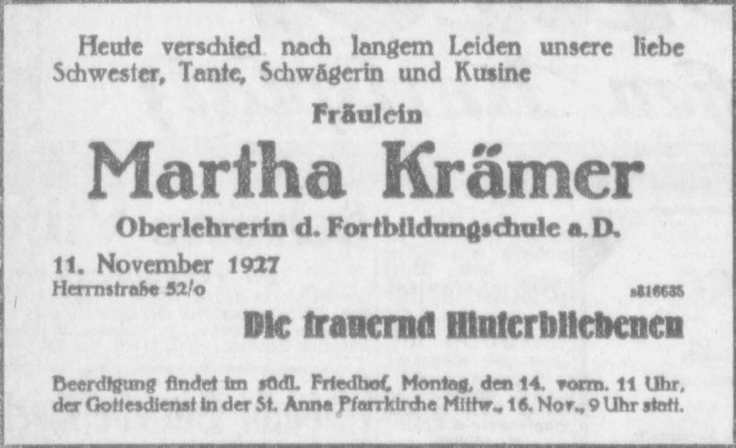 Todesanzeige für Martha Krämer