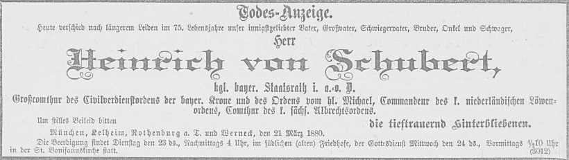 Todesanzeige für Heinrich von Schubert