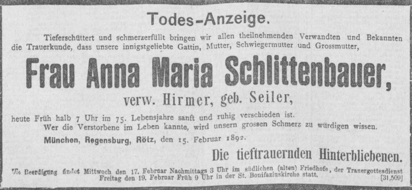 Todesanzeige für Anna Maria Schlittenbauer
