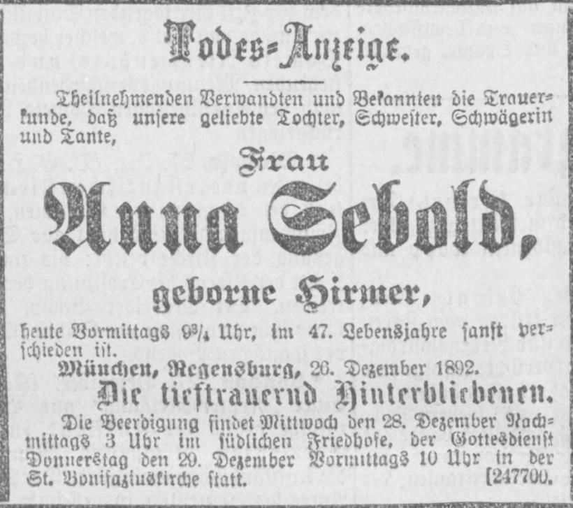 Todesanzeige für Anna Sebold