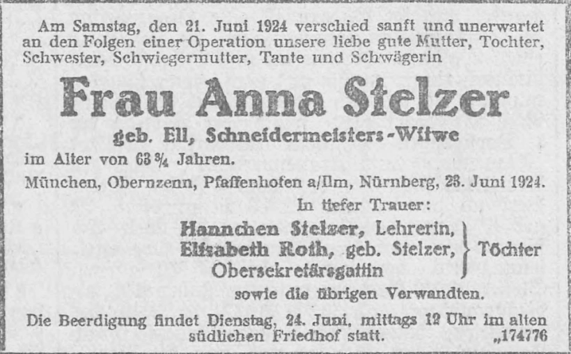 Todesanzeige für Anna Stelzer
