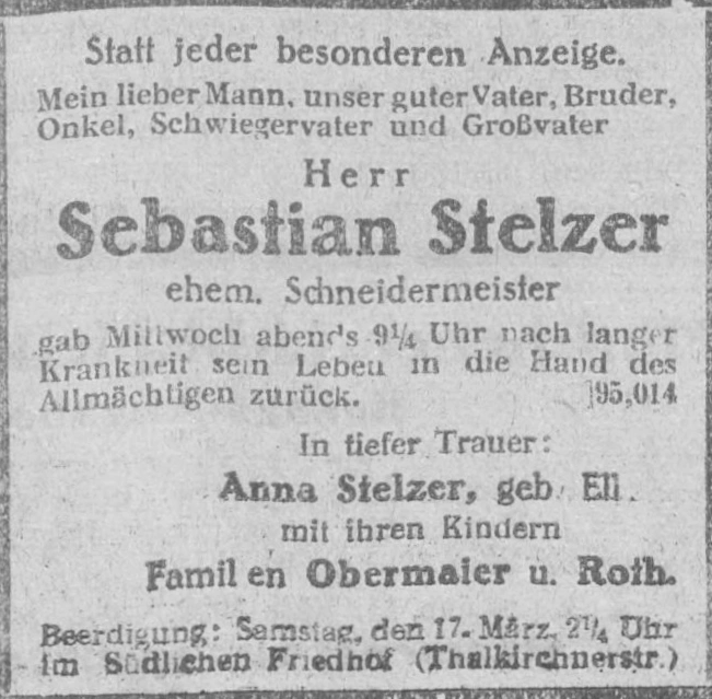 Todesanzeige für Sebastian Stelzer