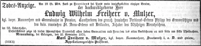 Todesanzeige für Ludwig Wilhelm Freiherr von Mulzer