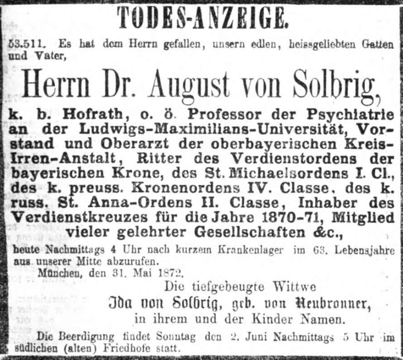 Todesanzeige für Dr. med. August von Solbrig