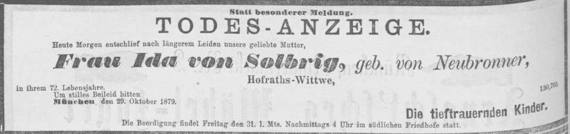 Todesanzeige für Ida von Solbrig