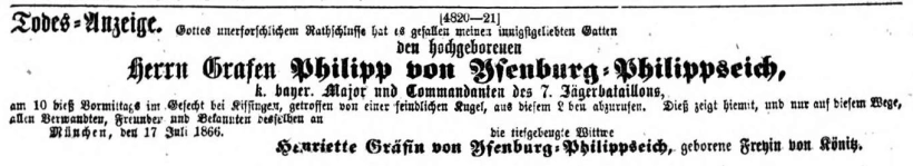 Todesanzeige für Graf Philipp von Ysenburg-Philippseich