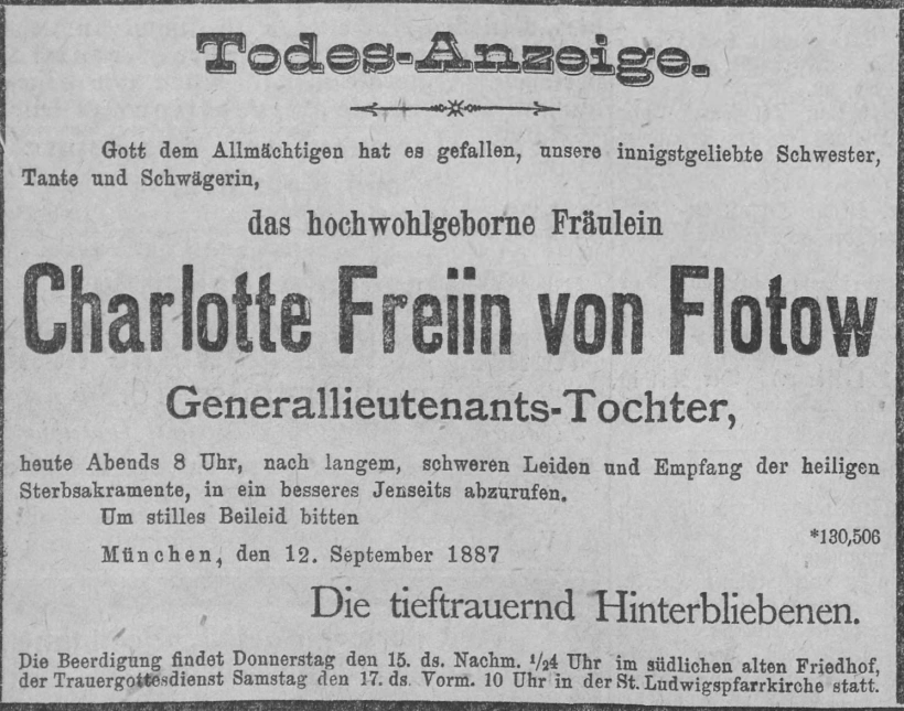 Todesanzeige für Charlotte Freiin von Flotow