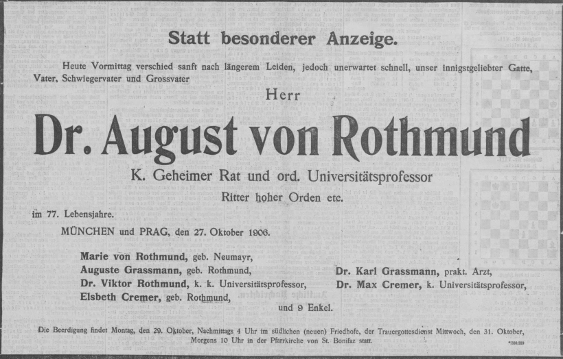 Todesanzeige für Dr. med. August von Rothmund
