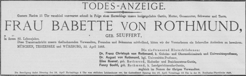 Todesanzeige für Babette von Rothmund