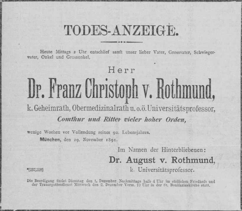 Todesanzeige für Dr. med. Franz Christoph von Rothmund