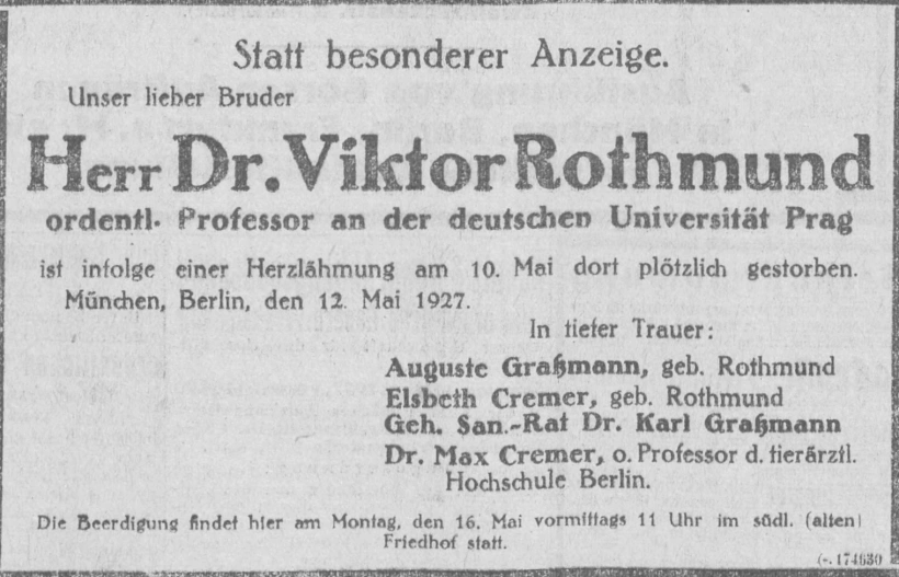 Todesanzeige für Dr. Viktor Rothmund