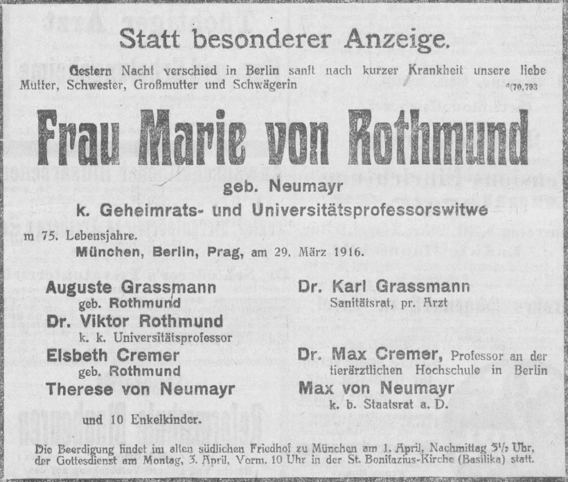 Todesanzeige für Marie von Rothmund