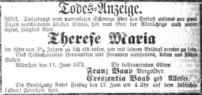 Todesanzeige für Therese Maria Baab