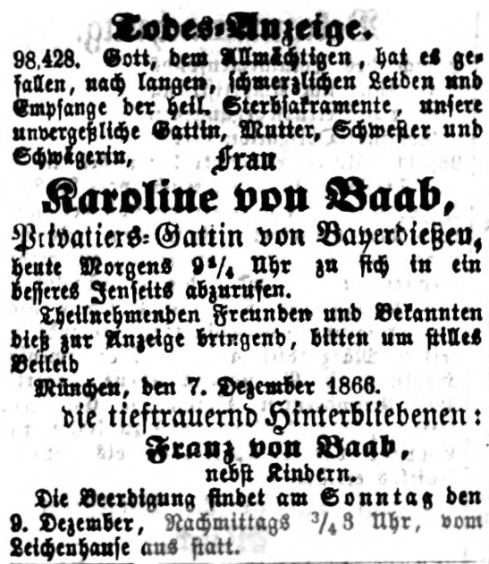 Todesanzeige für Karoline von Baab