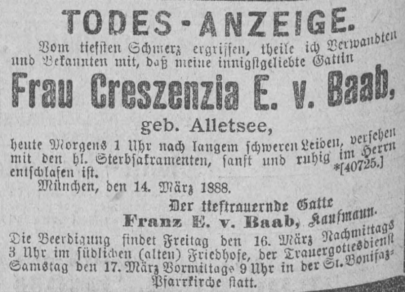 Todesanzeige für Kreszentia von Baab