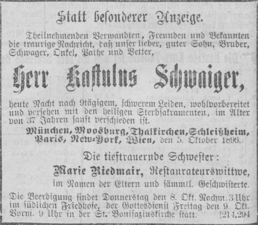 Todesanzeige für Kastulus Schwaiger