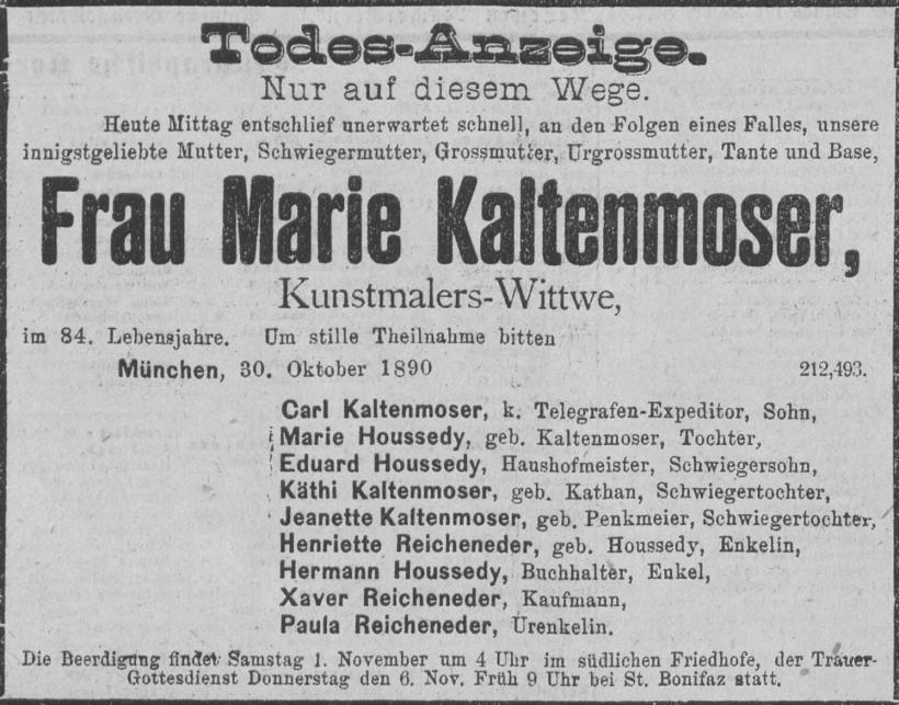 Todesanzeige für Marie Kaltenmoser