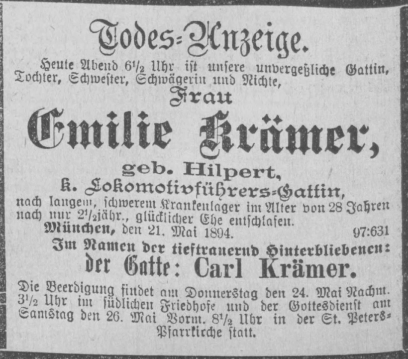 Todesanzeige für Emilie Krämer