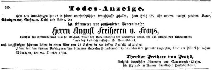 Todesanzeige für Christian August Freiherr von Frays