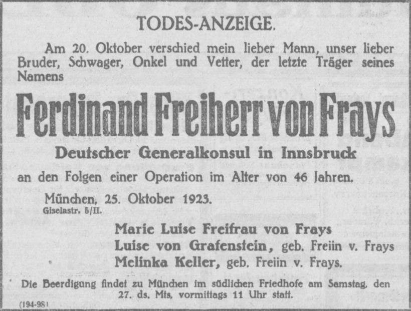Todesanzeige für Ferdinand Freiherr von Frays
