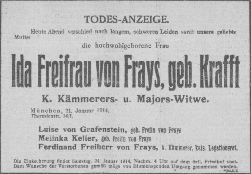 Todesanzeige für Ida Freifrau von Frays