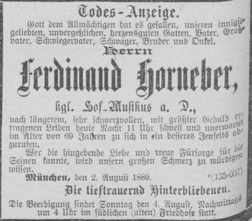 Todesanzeige für Ferdinand Horneber