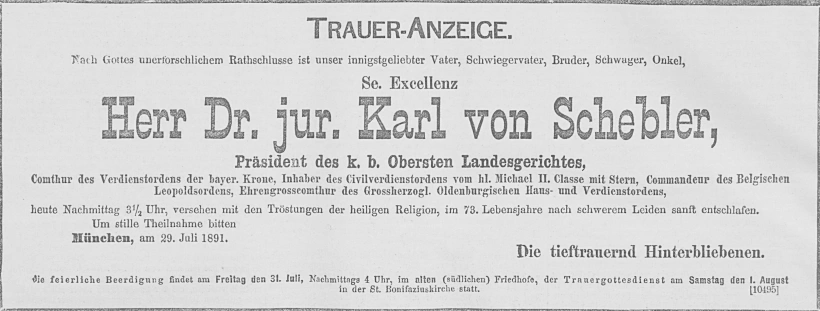 Todesanzeige für Dr. jur. Karl von Schebler