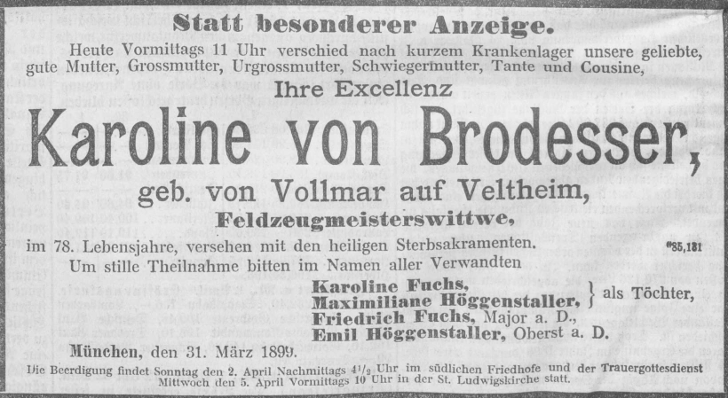 Todesanzeige für Karoline von Brodesser