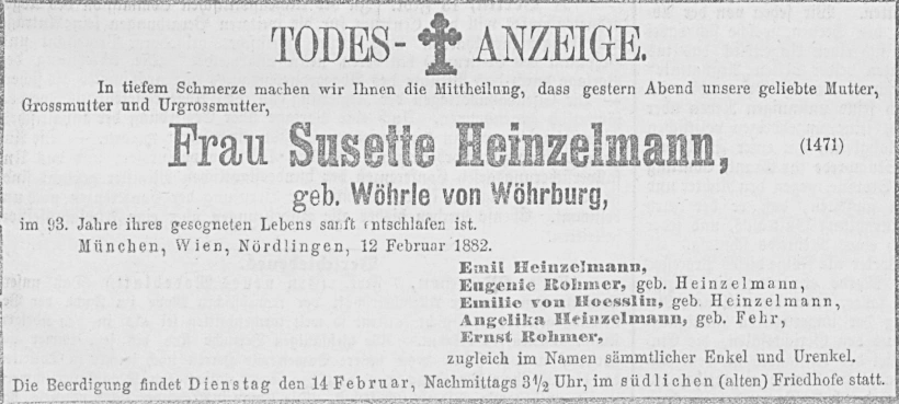 Todesanzeige für Susette Heinzelmann