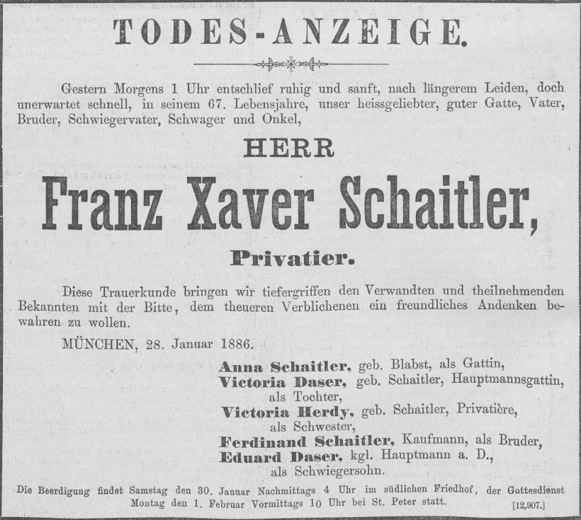 Todesanzeige für Franz Xaver Schaitler