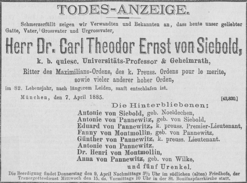 Todesanzeige für Dr. med. Karl Theodor Ernst von Siebold
