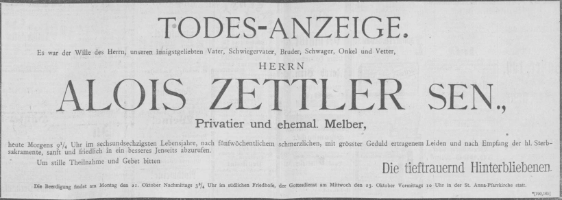 Todesanzeige für Alois Zettler