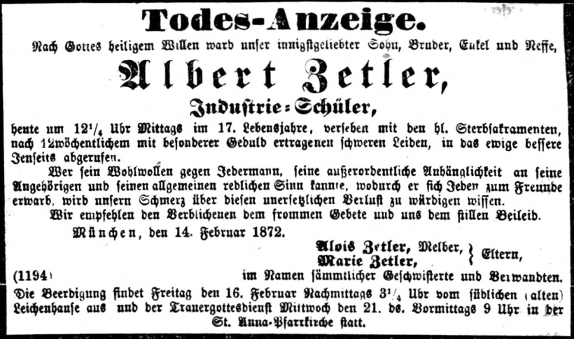Todesanzeige für Albert Zettler