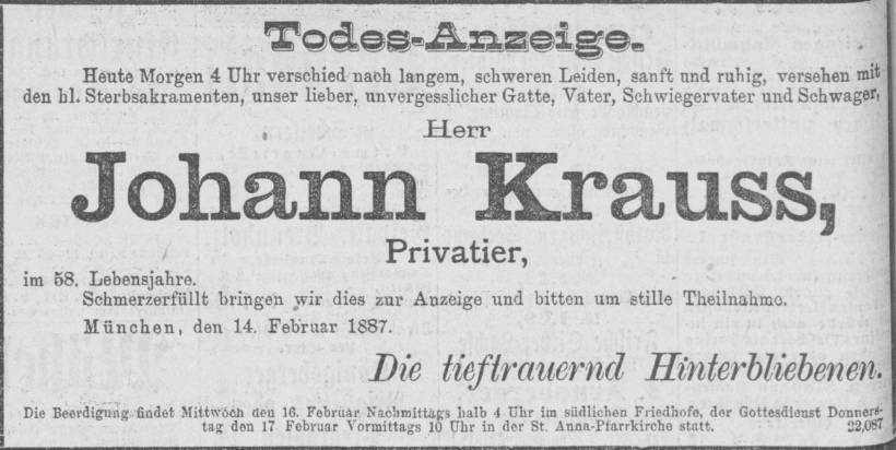 Todesanzeige für Johann Krauss