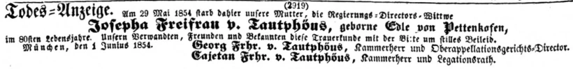 Todesanzeige für Josefa Freifrau von Tautphöus